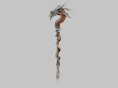 Lowpoly Magical Dragon Crafted Staff Game-Ready 3D Asset   Low-poly 3D model