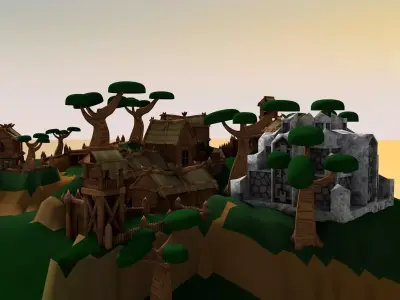 Village minecraft with trees and buildings Low-poly 3D model