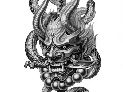 Oni Demon Mask with Snake and Dagger 3D Model 3D print model