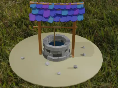 Well lowpoly low-poly 3d model water in field Low-poly 3D model