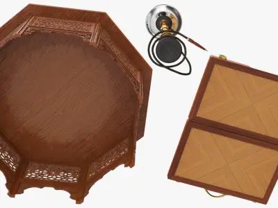  Oriental Wooden Table with Hookah and Backgammon 