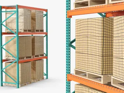 Heavy-Duty Pallet Racking with Net-Wrapped Cargo Green 3D model