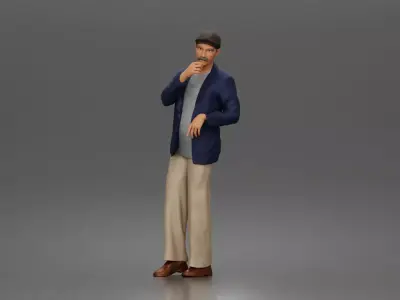 gentleman twirls mustache wearing cap blazer relaxed trousers 3D print model