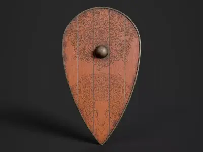 Slavic kite wooden shield-painted orange with deer symbol Low-poly 3D model