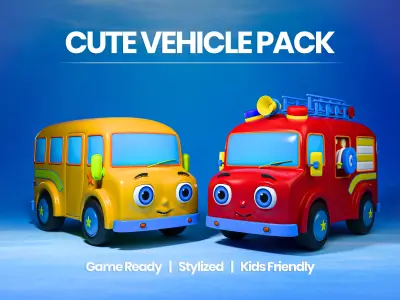 Cute Baby Bus And Fire Truck 3D Model Pack 3D model