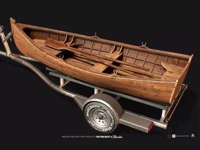 Wooden Rowing Boat plus Trailer 3D model