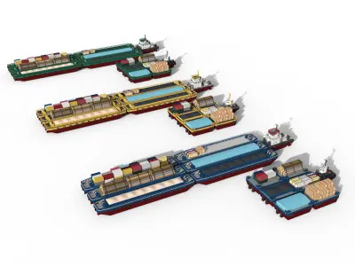 Barge and Push Boats lowpoly Low-poly 3D model