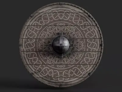 Slavic round wooden shield-painted  with nordic symbol Low-poly 3D model