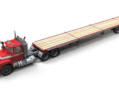80s truck flatbed trailer Low-poly 3D model