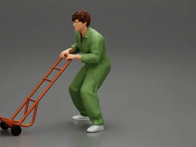 mechanical worker pushing a hand track trolley jack 3D print model