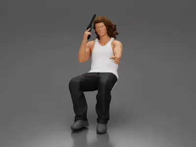 Man sitting with gun in hand pointing forward calmly 3D print model
