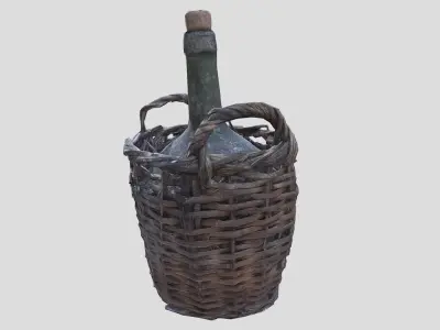 Old wine bottle with basket Low-poly 3D model
