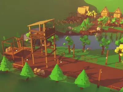 Village Scene with Detailed Environment Low-poly 3D model
