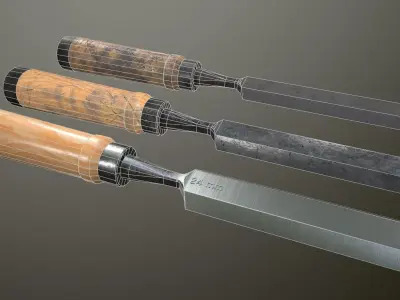 Chisel Low-poly 3D model three woodworking tools Low-poly 3D model