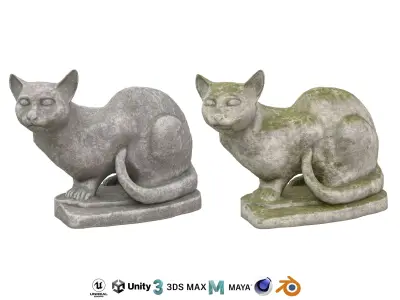 Sitting cat stone statues Low-poly 3D model