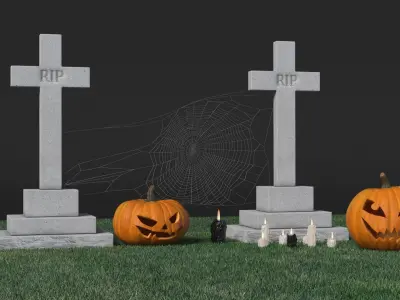  Old Cemetery with Carved Pumpkins and Candles Fur 