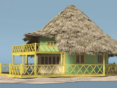 Beach Bungalow with Thatched Roof and Porch on Sand 3D model