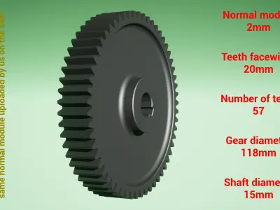 Cylindrical gear - paired - z57 m2 D118 d15 3D print model