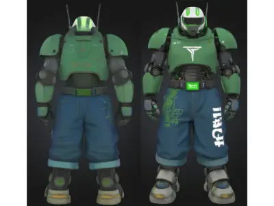 Futuristic Combat Robot in Green Armor Low-poly 3D model