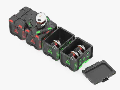 Futuristic Storage Crate with Sci-Fi Helmets 3D model
