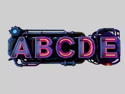 Cyberpunk Neon Font ABCDE words Low-poly 3D model