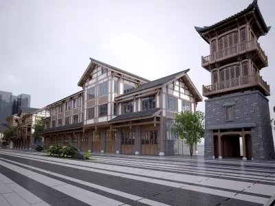 Chinese commercial street Low-poly 3D model