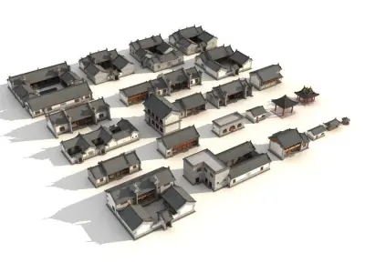 town Chinese style commercial residential buildings 3D model buy