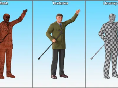 Waving Old Man with Stick 3D model