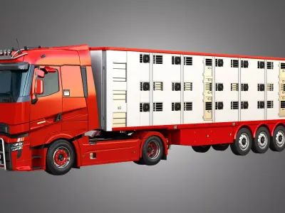 Renault T520 Truck - single axle with Animal Transport Trailer 3D Model Pack