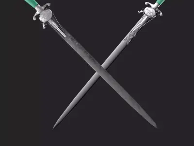 Silver 1700 sword with pistol with used and new textures Low-poly 3D model
