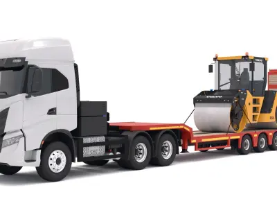 Iveco S-WAY Tractor and Lowboy Trailer Volvo DD105 Compactor 3D model