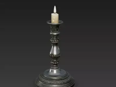 Gothic Ornamental Silver Candlestick Game Ready PBR 3D model