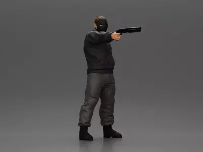 Masked man in black jacket aims shotgun with determined gaze 3D print model