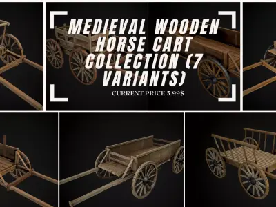 Medieval Wooden Horse Cart Collection Pack Of 7  Low-poly 3D model