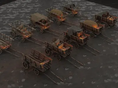 A set of stylized medieval carts with a lamp and a load Low-poly 3D model
