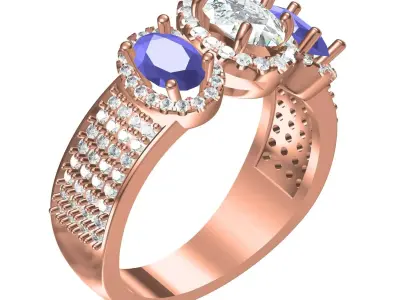 Triple Oval Shape Halo Vintage Ring 3D print model