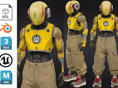 Stylized Cyberpunk Android with Tattoos Low-poly 3D model