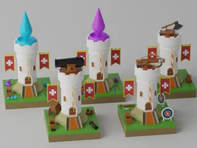 Cartoon Tower Defense Towers Collection A 3D model