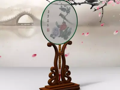 Chinese Traditional Palace Hand Fan With Stand - Flower and Bird Low-poly 3D model