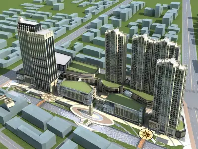 Architecture city with tall buildings and river 3D model purchase