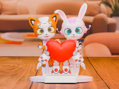 Chibi Robot Heart Duo Diorama  Free 3D print model