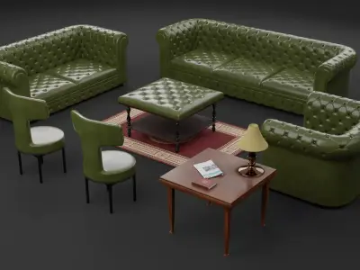Chesterfield Realistic Leather Antique Green Sofa Set Collection Low-poly 3D model