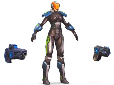 Woman Cyborg Soldier with Automatic Rifle and Pistol Low-poly 3D model