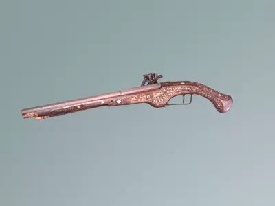 Antique Engraved Flintlock Pistol - Ottoman Ornate Weapon 3D model