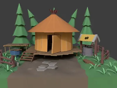 Low Poly Samurai Fishing Hut Low-poly 3D model