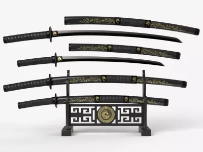 Black Double Bladed Katana Wakizashi and Stand 3D model