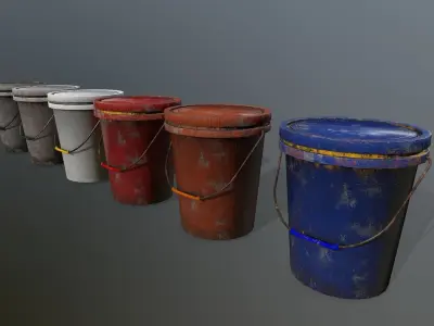 Bucket different colored buckets in row Low-poly 3D model