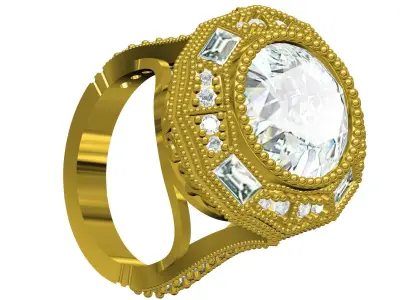 Antique Round Cut White Diamond Art Deco Engagement Ring 3D print model