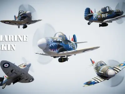Low poly Spitfire PBR fighter planes flying in sky Low-poly 3D model