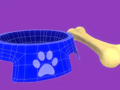 Stylized Blue Pet Bowl and Bone Toy Free low-poly 3D model